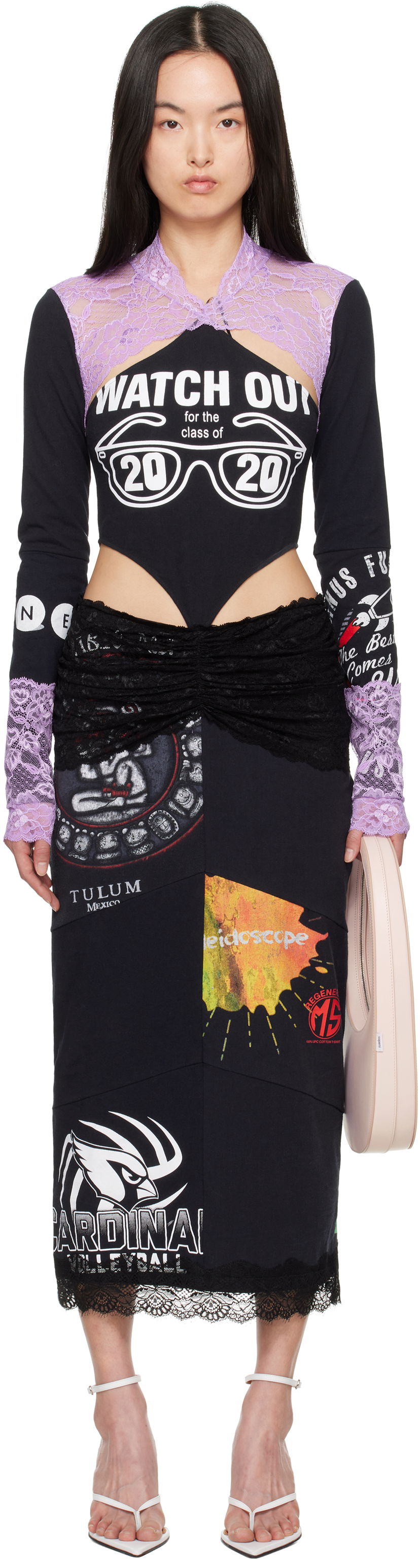 Obleke Marine Serre Marine Serre Regenerated T-Shirt & Lace Midi Dress Črna | WDR354A UJER0003