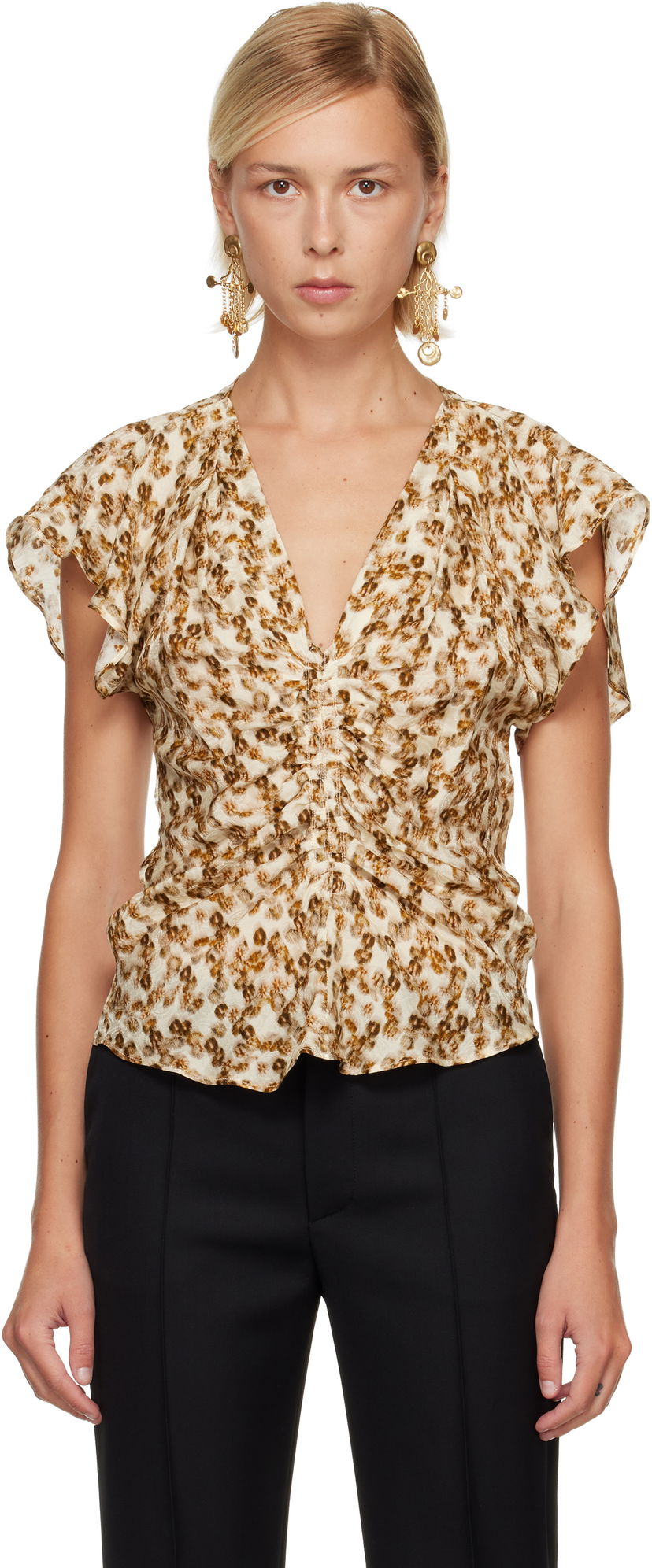 Srajce ISABEL MARANT Lonea Ruched V-Neck Blouse Večbarvna | HT0228FA-C3J10I