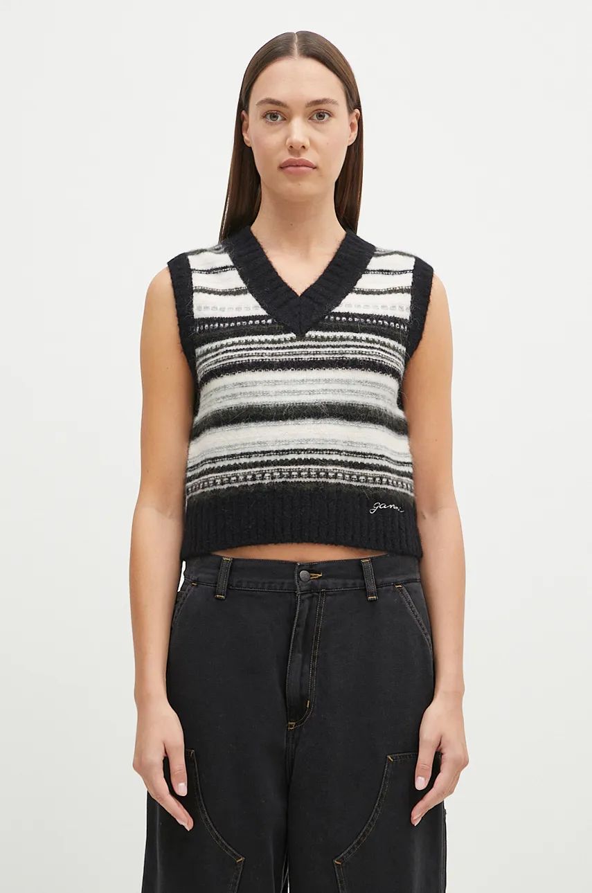 Pleteni pulover GANNI Wool Stripe Vest Črna | K2327, 0