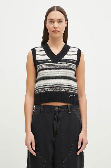 Pleteni pulover GANNI Wool Stripe Vest Črna | K2327, 0