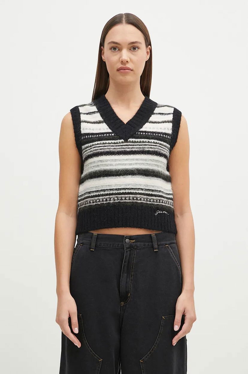 Pleteni pulover GANNI Wool Stripe Vest Črna | K2327