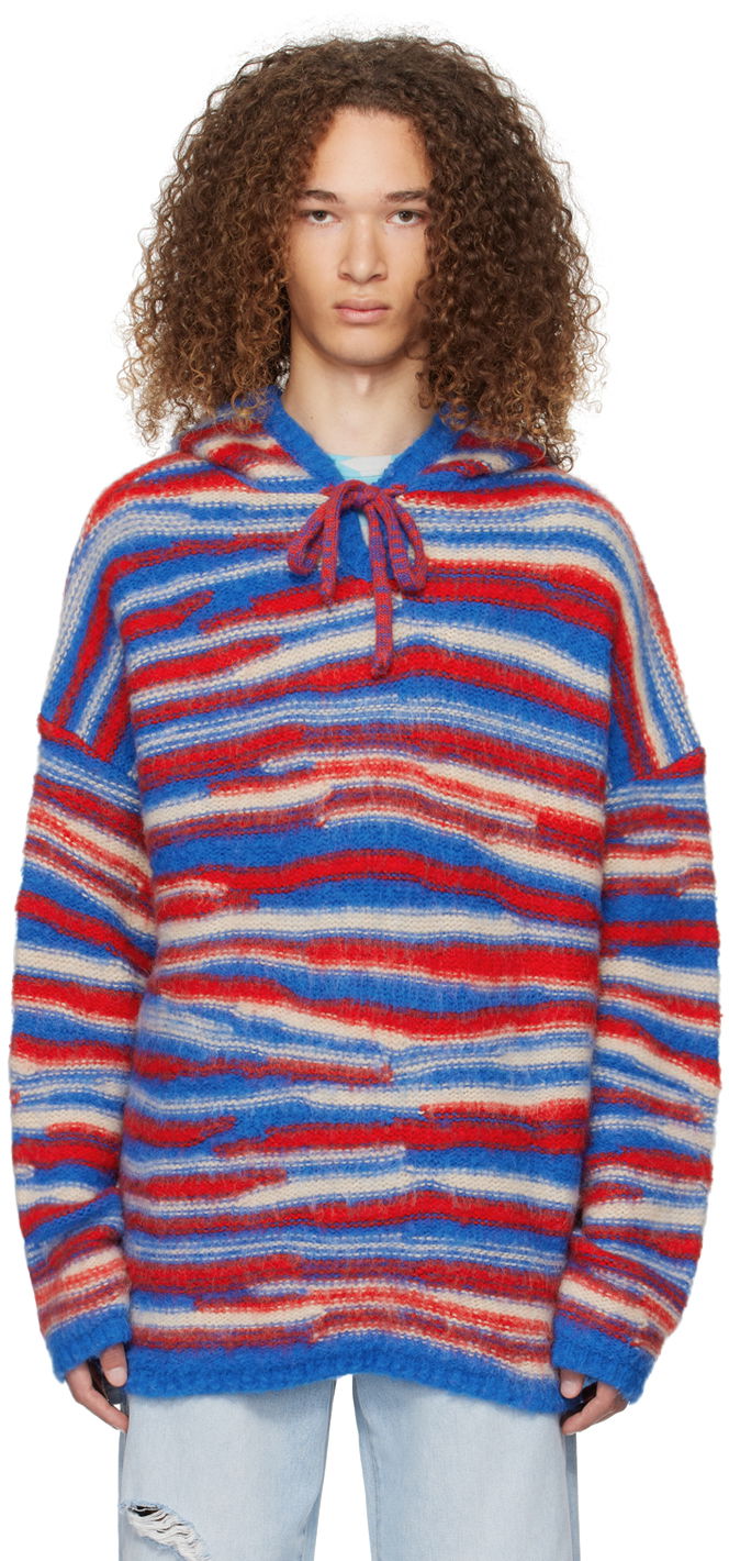 Pleteni pulover ERL ERL Striped Knit Hoodie Rdeča | ERL07N015