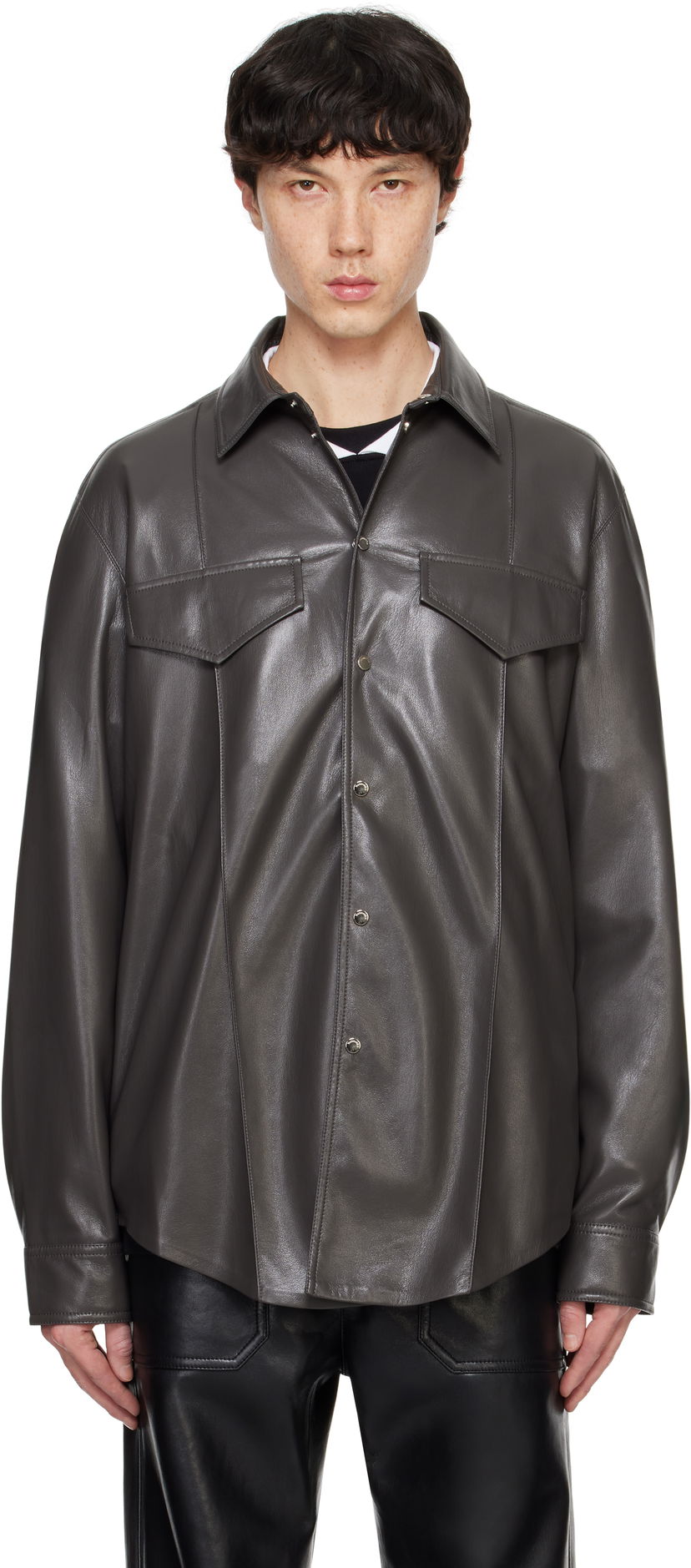 Srajce Nanushka Nanushka Olavi Vegan Leather Button-Up Shirt Siva | NM24FWSH04569