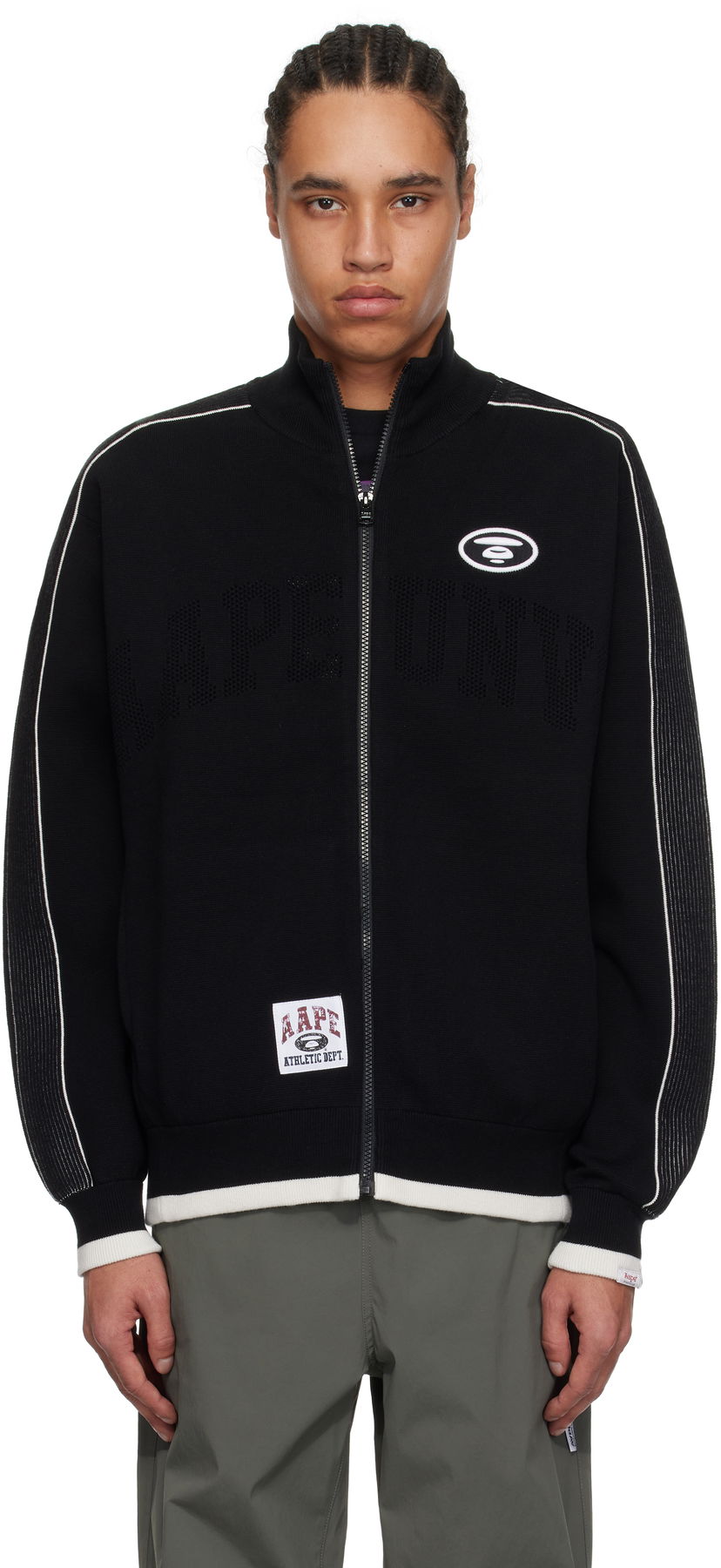 Pleteni pulover AAPE by A Bathing Ape AAPE by A Bathing Ape 'AAPEUNVS' Moonface Logo Zip-Up Knit Jacket Črna | AAPKNMC325XXNNYX