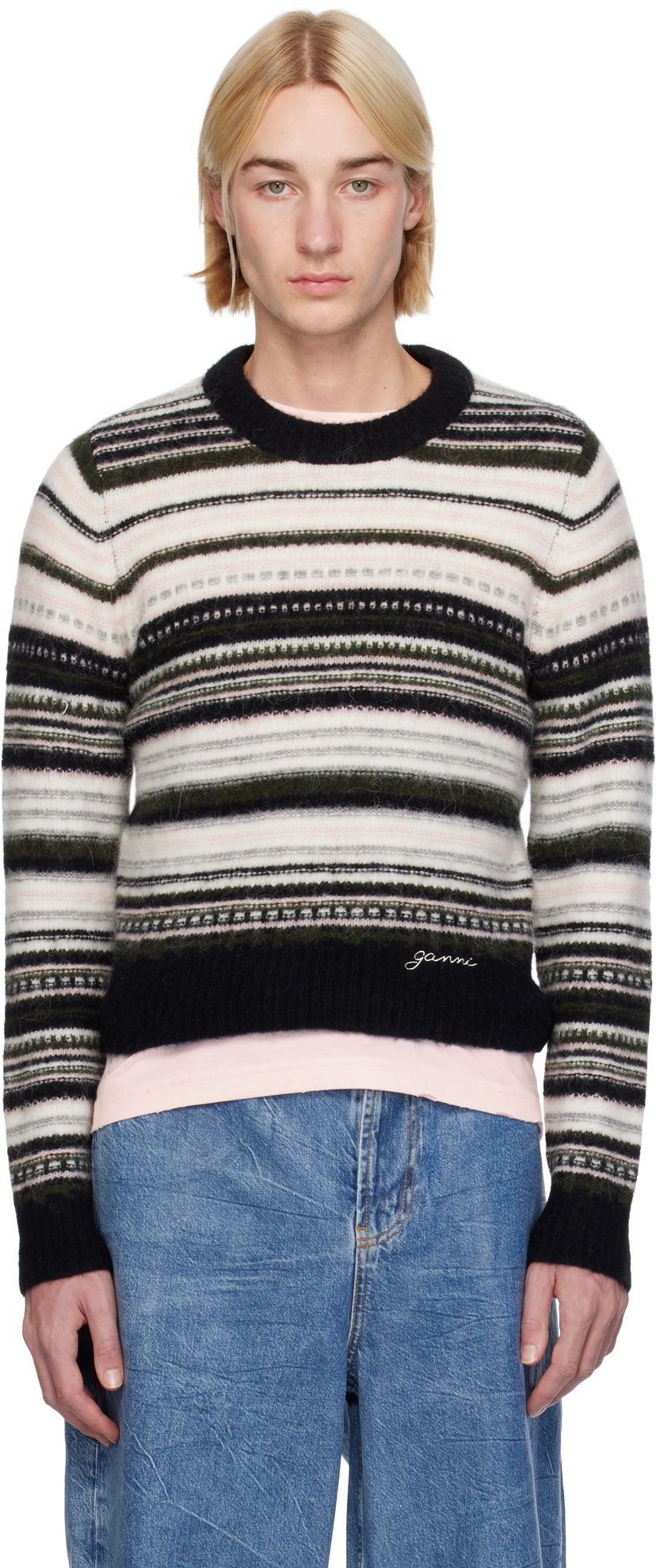 Pleteni pulover GANNI Striped Cropped Knit Sweater Črna | K2391