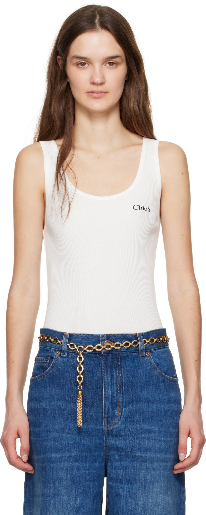 Pasovi CHLOÉ Chloé Ribbed Logo Tank Top Kovinski | CH25SJH12180