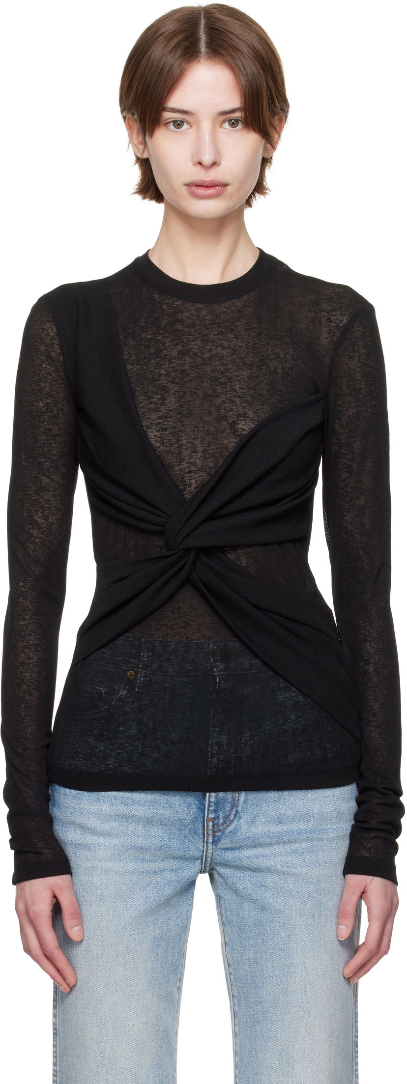 Pleteni pulover Nanushka Nanushka Izolda Draped Mesh Jersey T-Shirt Črna | NW25RSTP16499