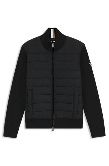 Bomber jakna BOSS Mixed-material jacket with padded front and knitted sleeves Črna | 50549991, 0