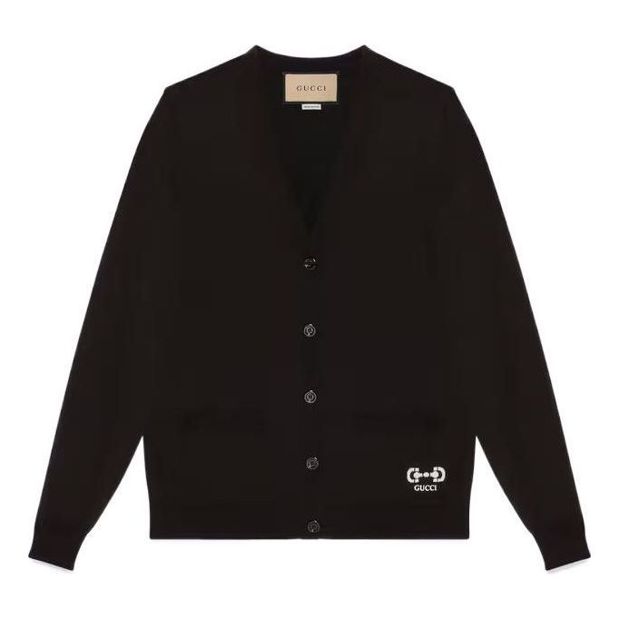 Pleteni pulover Gucci Fine Wool Cardigan With Interlocking G Emblem Črna | 731059-XKCZ3-1043