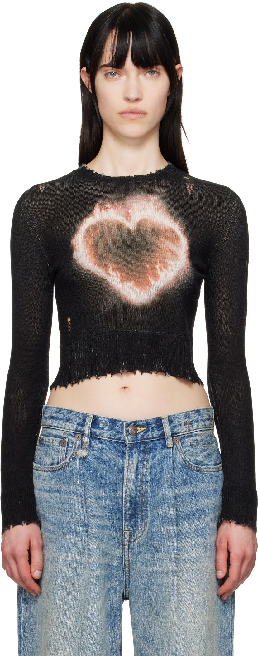 Pleteni pulover R13 R13 Flaming Heart Cropped Sweater Črna | R13WY042-Y016B