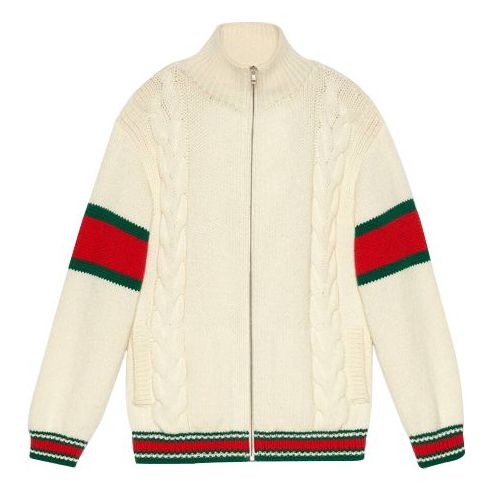 Pleteni pulover Gucci Gucci Twisted Cable Knit Bomber Jacket Bela | 599311-XKA32-9133