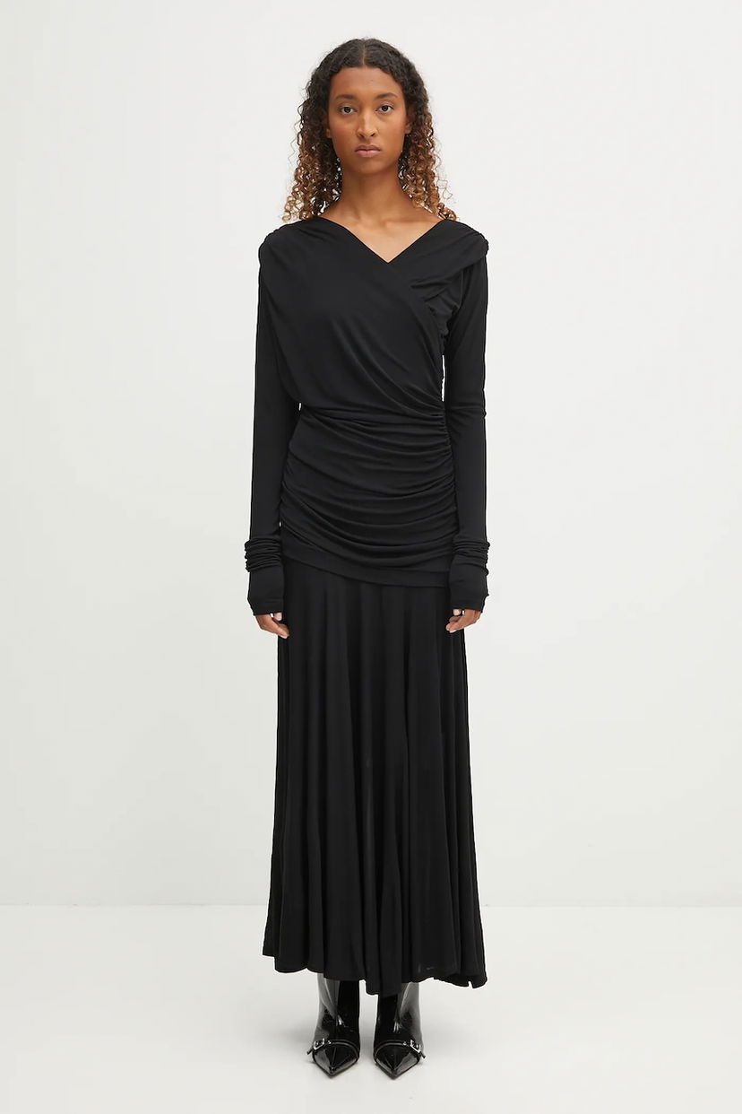 Obleke GANNI GANNI Interlock Jersey Crossover Ruched Maxi Dress Črna | T4213