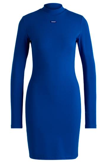 Obleke BOSS HUGO Bodycon Stretch Cotton Dress with Logo Badge Modra | 50531138