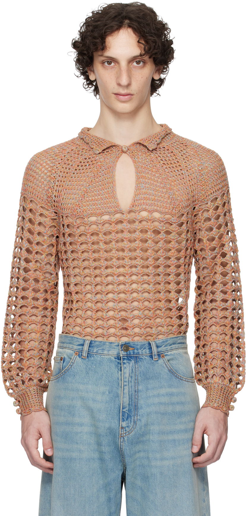 Pleteni pulover Valentino Valentino Cotton & Linen Knit Polo Sweater Oranžna | 6V0KC34AAUTAH2