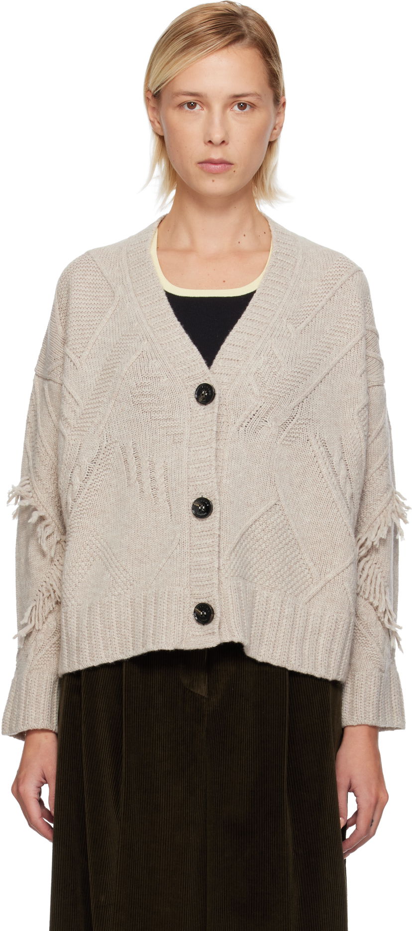 Pleteni pulover Max Mara Weekend Max Mara Stallo V-Neck Fringe Knit Cardigan Bež | 2525346052600