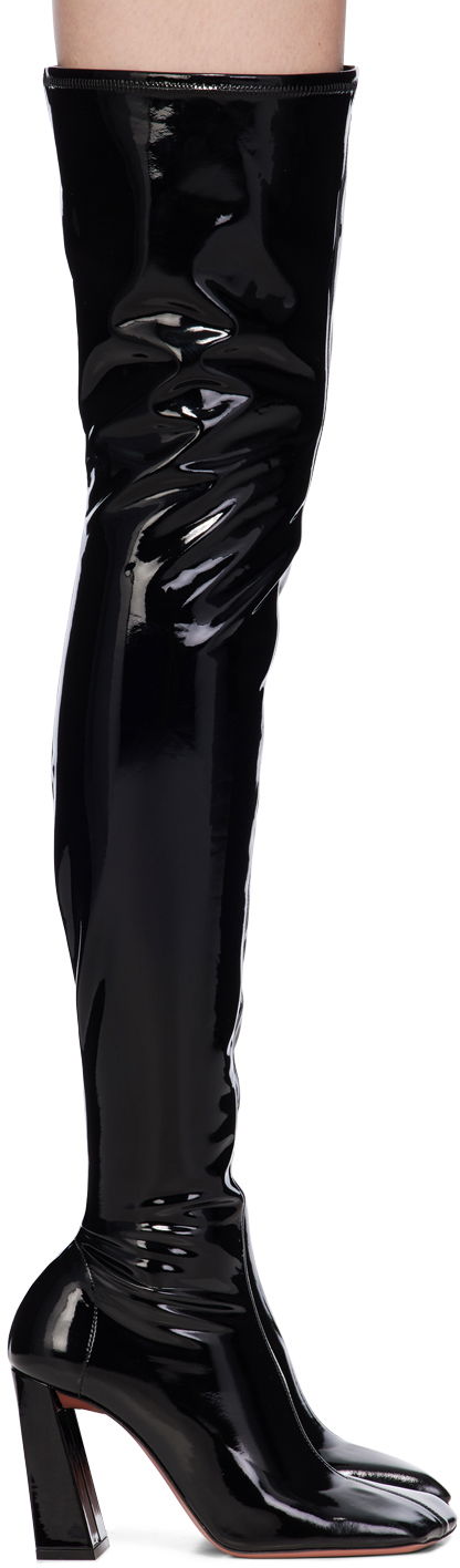 Nega čevljev Amina Muaddi Amina Muaddi Marine Stretch Thigh-High Boots Črna | MARINE STRETCH BLOCK HEEL LATEX