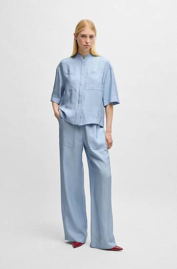 Hlače BOSS Soft Twill Wide-Leg Drawcord Trousers Modra | 50530552, 1