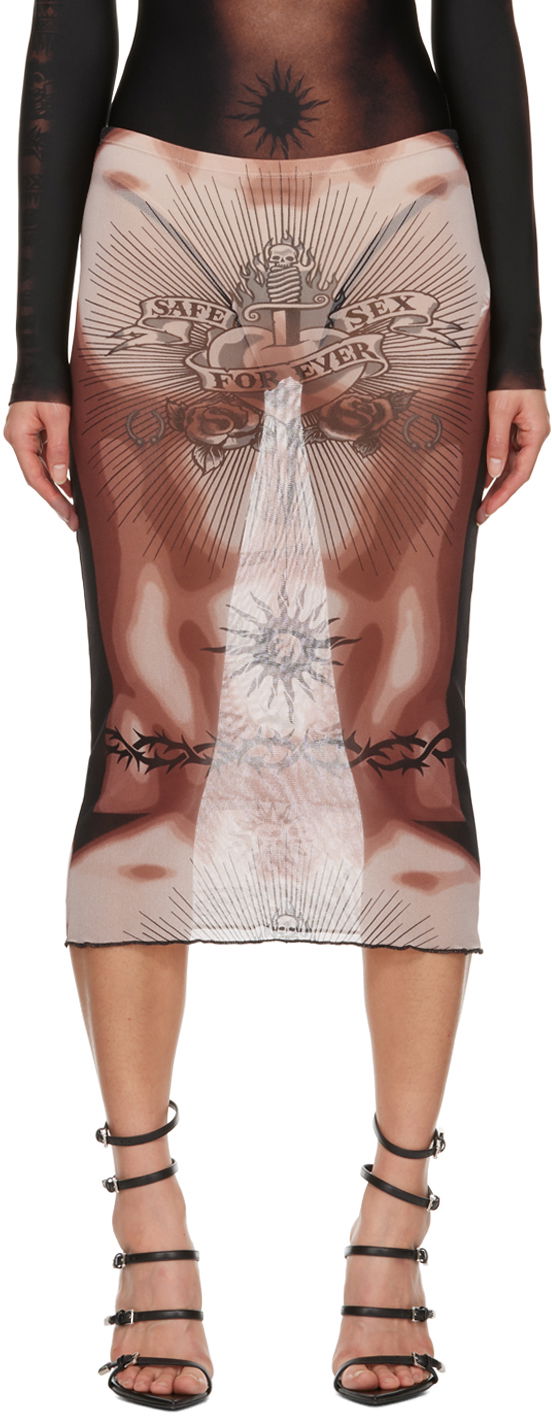 Krila Jean Paul Gaultier Jean Paul Gaultier 'Safe Sex Forever' Print Mesh Midi Skirt Rjava | 23/15-F-JU065-T538-636000
