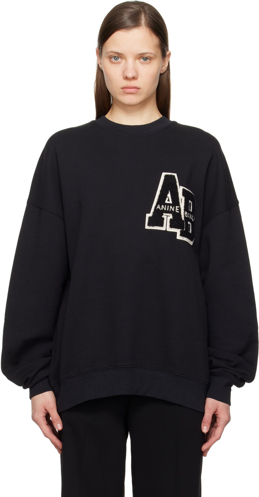 Pleteni pulover Anine Bing Anine Bing Miles Oversized Letterman Sweatshirt Črna | A-08-10074-BLK1