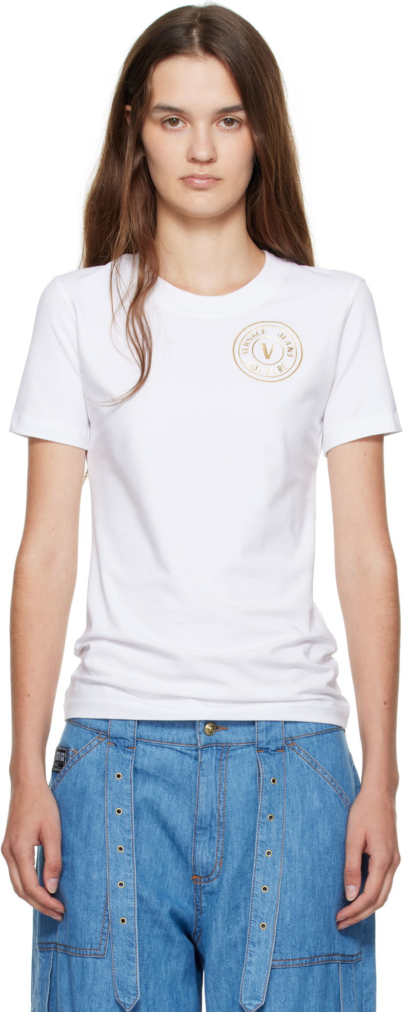 Majica Versace Versace Jeans Couture Jersey Stretch T-Shirt Bela | E79HAHT01_ECJ03T