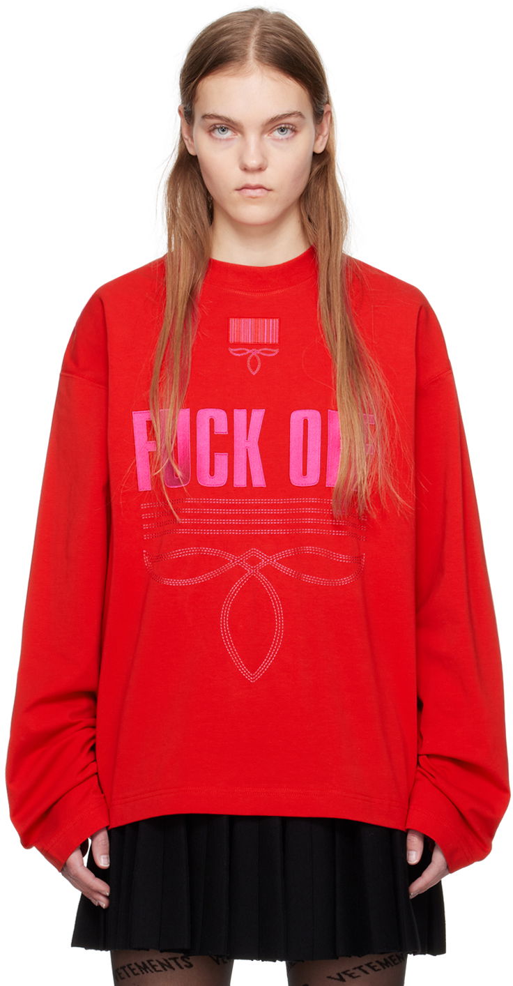 Pulover VETEMENTS VTMNTS Embroidered Long Sleeve T-Shirt Rdeča | VL20LS120R