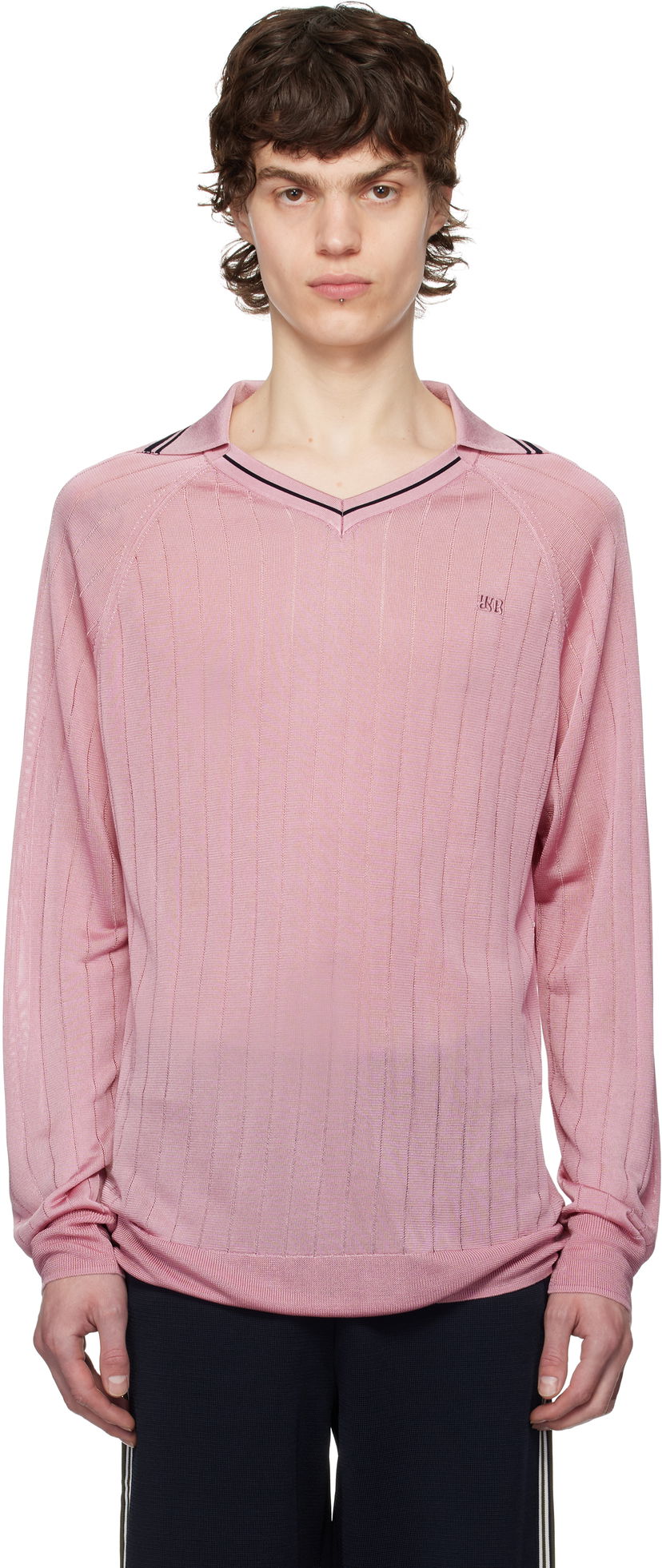 Pleteni pulover Wales Bonner Wales Bonner Roots Knit Polo Shirt Roza | MS25KN33-KN08-200 BRIGHT RAYON
