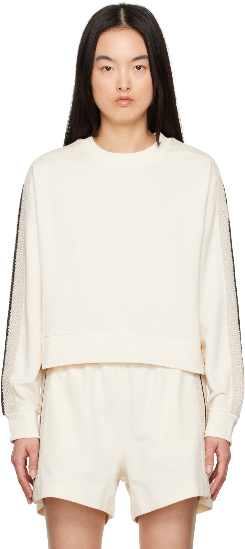 Pleteni pulover Moncler Moncler Cropped Sweatshirt with Striped Trim Bela | K10938G0003389A1K