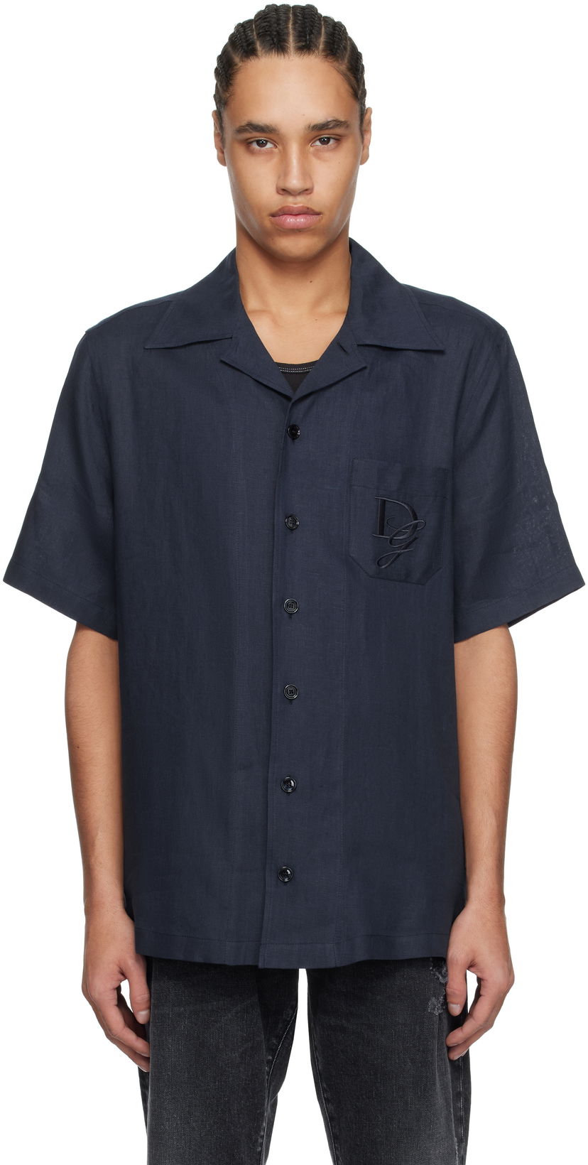 Srajce Dolce & Gabbana Dolce&Gabbana Logo Embroidered Linen Resort Shirt Mornarica | G5JH9ZFU4LG
