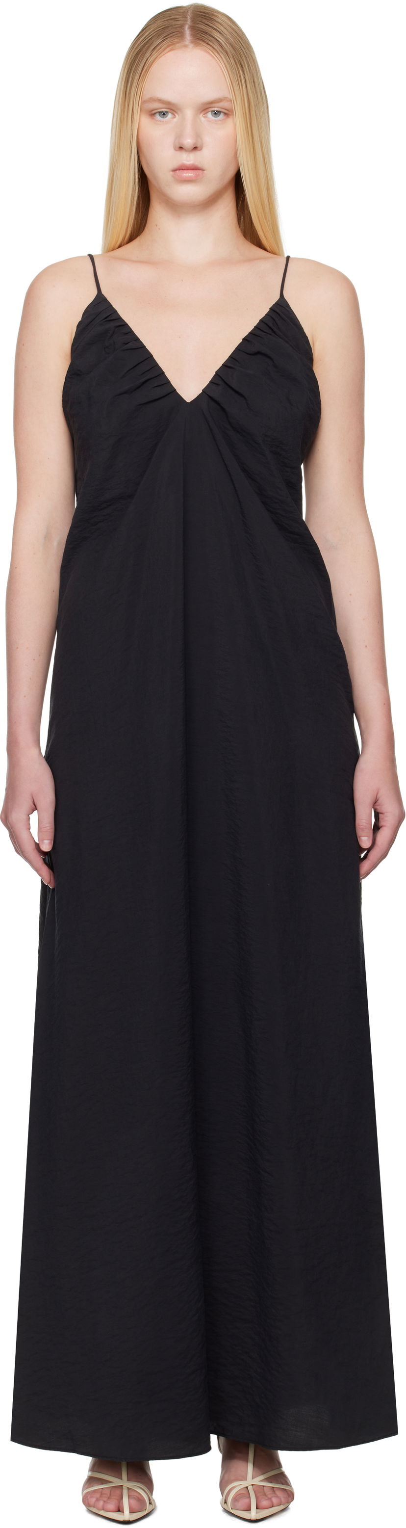 Obleke Róhe Róhe Hammered Silk V-Neck Strap Maxi Dress Črna | 615-33-400