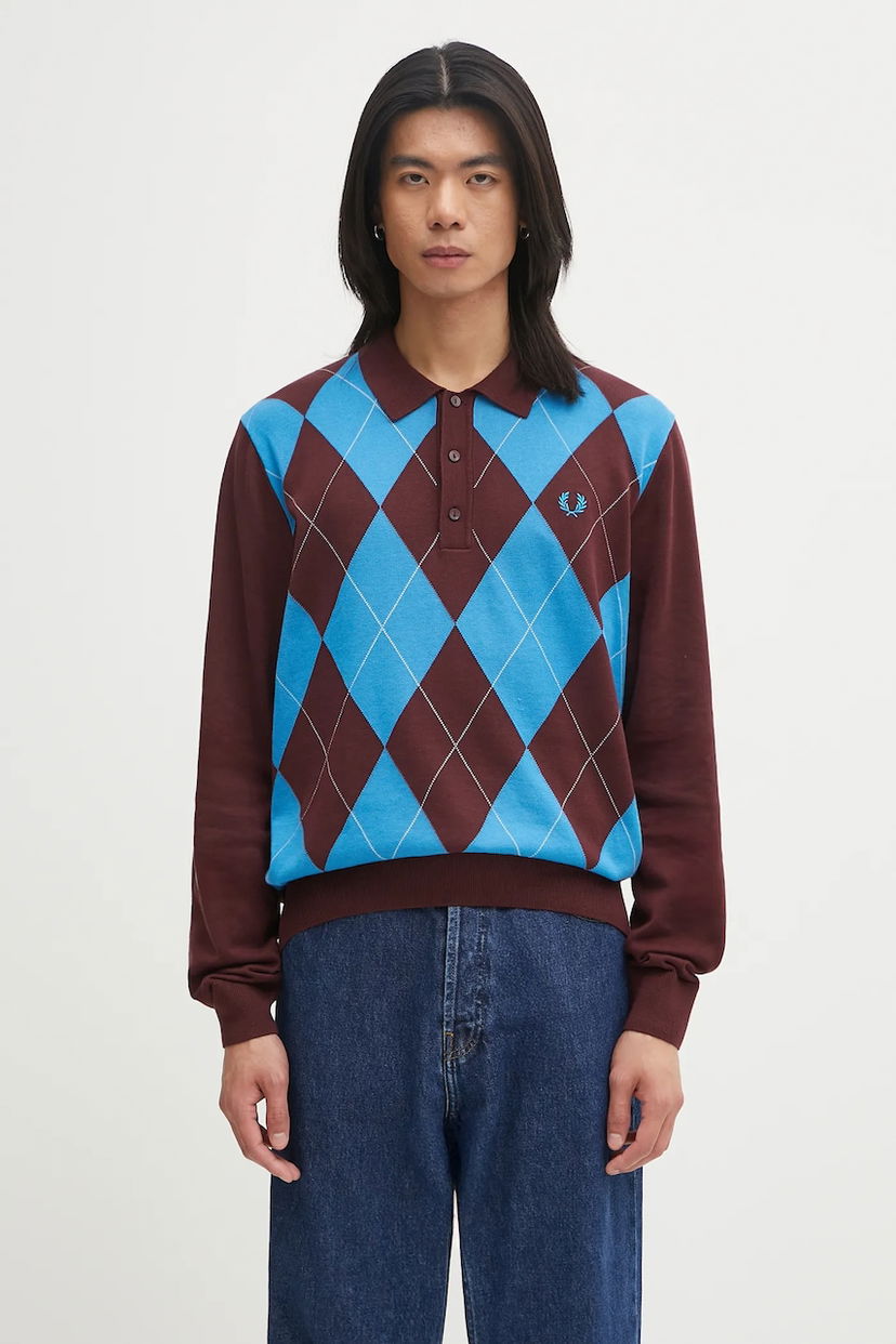 Polo majica Fred Perry Fred Perry Argyle Knitted Long Sleeve Polo Rjava | K1318