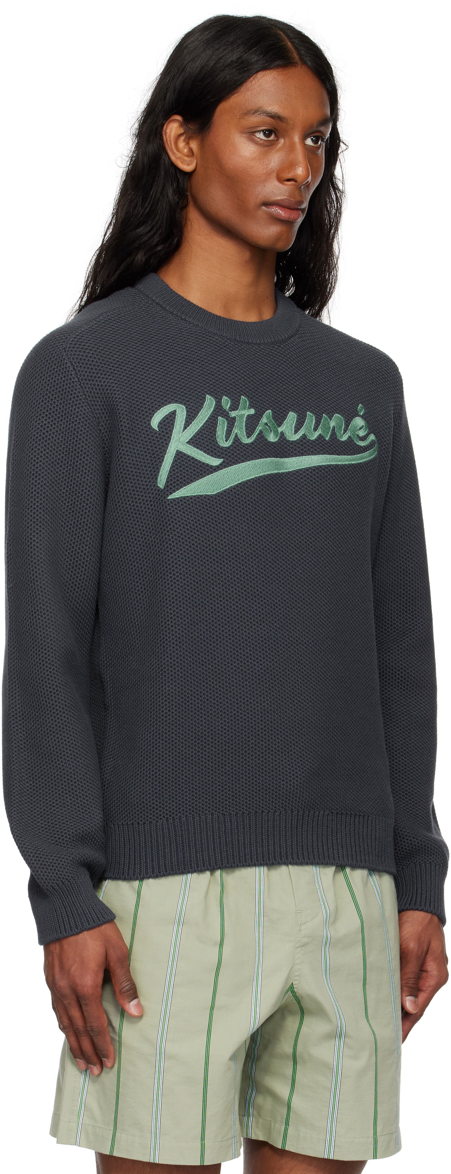 Pleteni pulover MAISON KITSUNÉ Kitsuné Varsity Embroidered Mesh Sweater Siva | OM00808KT1137, 1