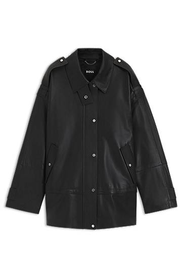 Jakna BOSS Long-length biker jacket in leather Črna | 50544445