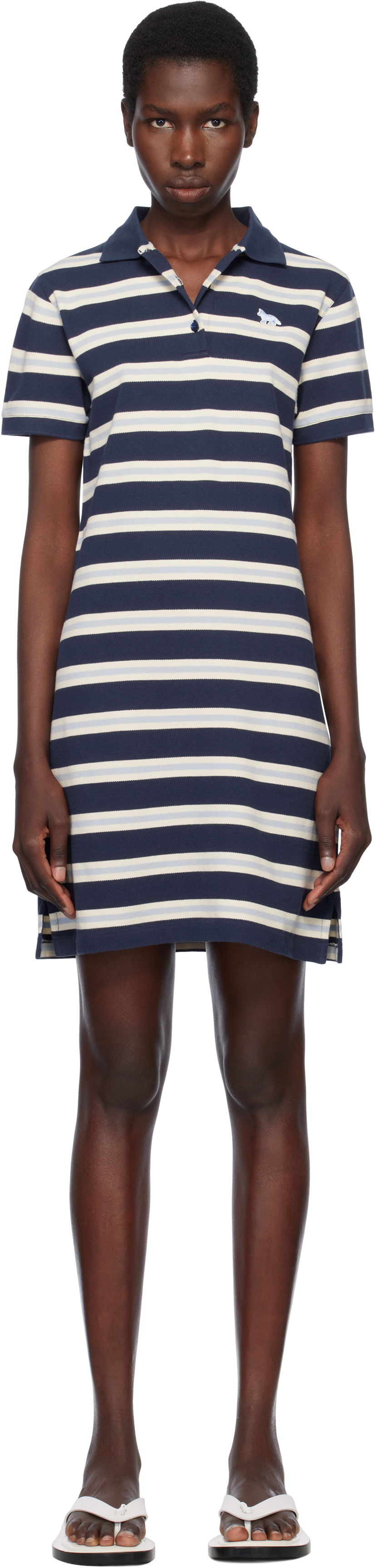 Obleke MAISON KITSUNÉ Maison Kitsuné Baby Fox Patch Striped Polo Dress Mornarica | OW01619KJ7010