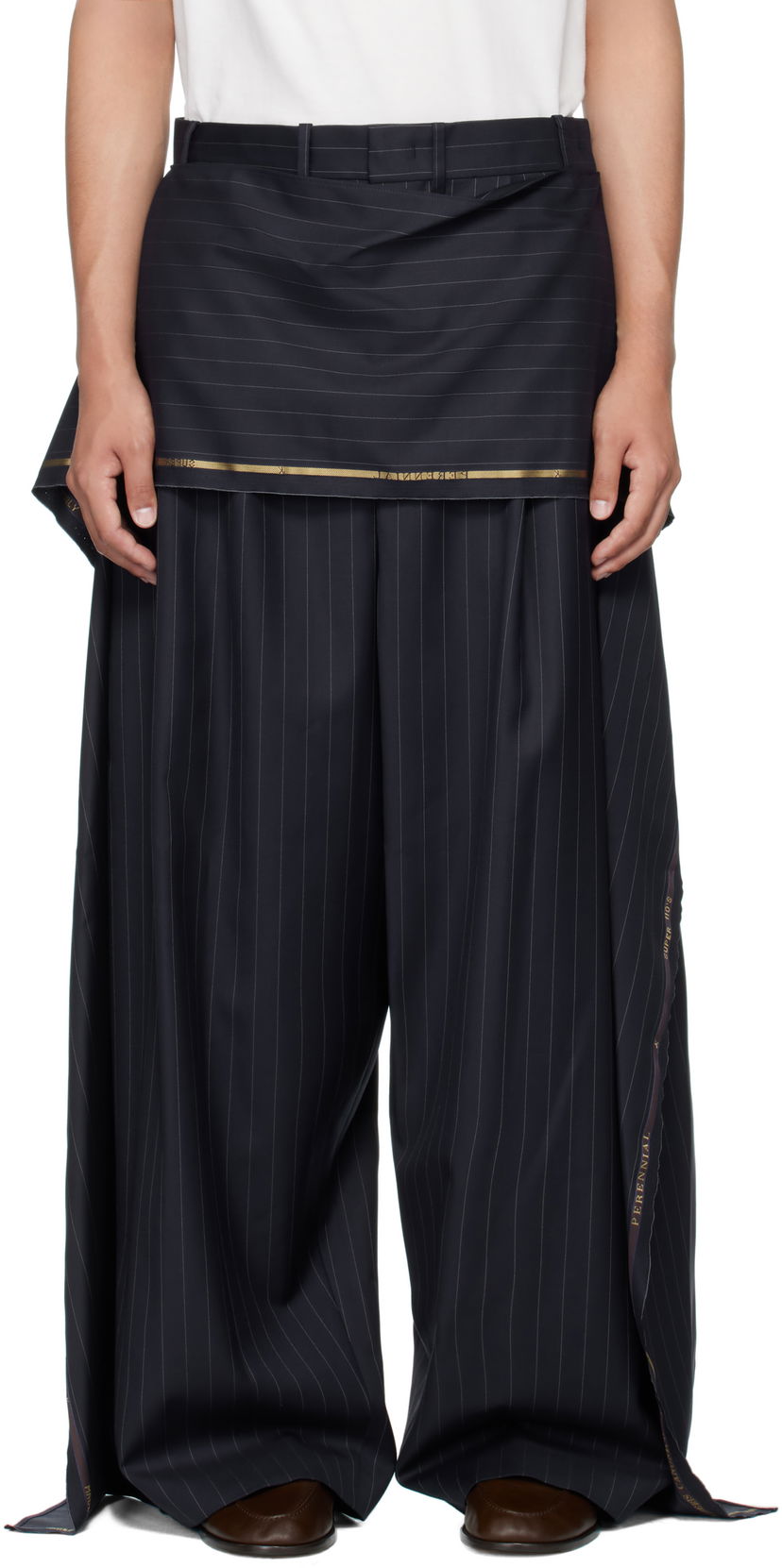Hlače HED MAYNER Hed Mayner Pinstriped Wide-Leg Wool Suiting Trousers Mornarica | HMMB30039A-HB217