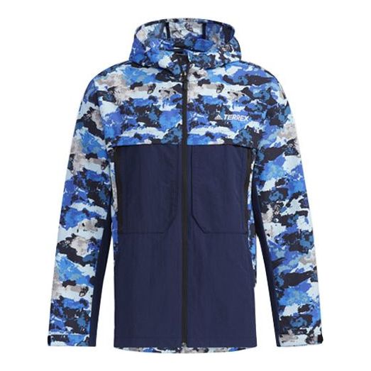 Vetrovka adidas Performance Terrex Festiv Camouflage Splicing Hooded Outdoor Jacket Modra | GN7595