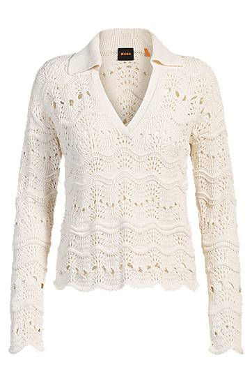 Pleteni pulover BOSS Open-Knit Johnny-Collar Sweater Bela | 50537850