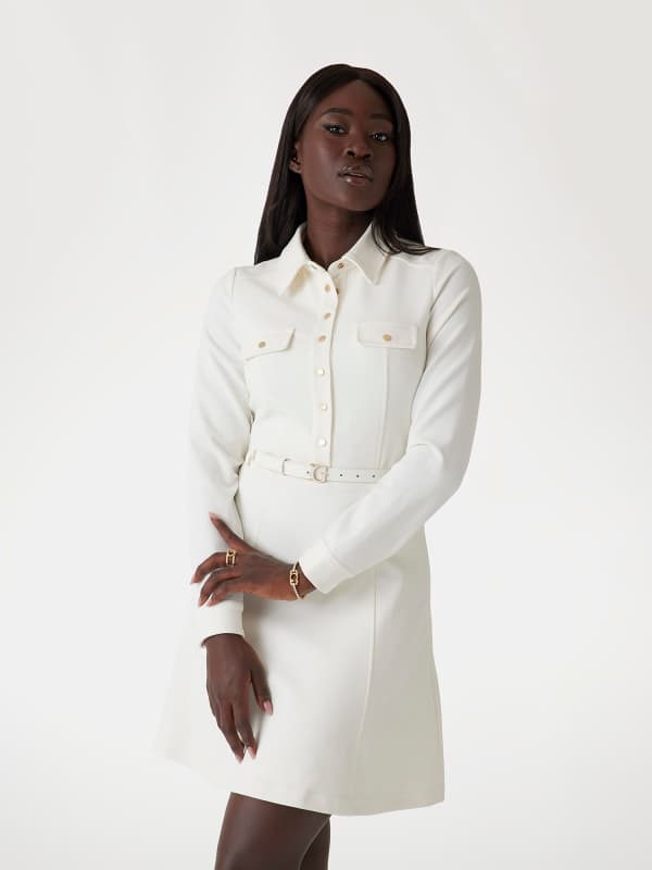Obleke GUESS Flared Mini Shirt Dress with Belt Bela | W5RK93KCBO2