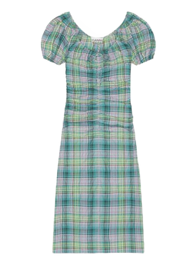 Obleke GANNI Seersucker Check Gathered Dress Turkizna | F7654-759