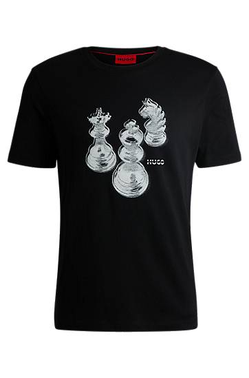 Majica BOSS HUGO Cotton-Jersey T-Shirt with Chess Print Črna | 50532918