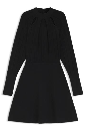 Obleke BOSS Knitted Skater Dress with Cut-Out Mock Neck and Ribbed Bodice Črna | 50547906