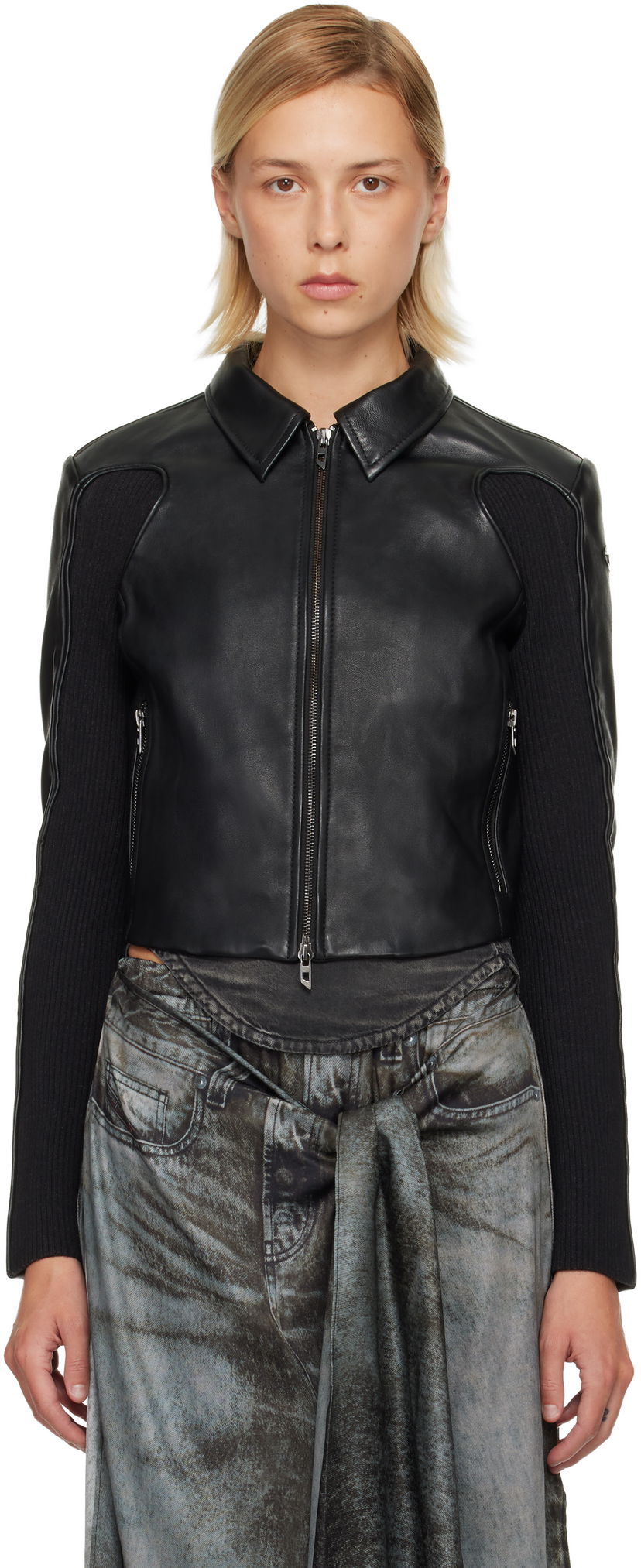 Jakna Diesel Leather Jacket with Ribbed Knit Sleeves Črna | A15373 0AJIR