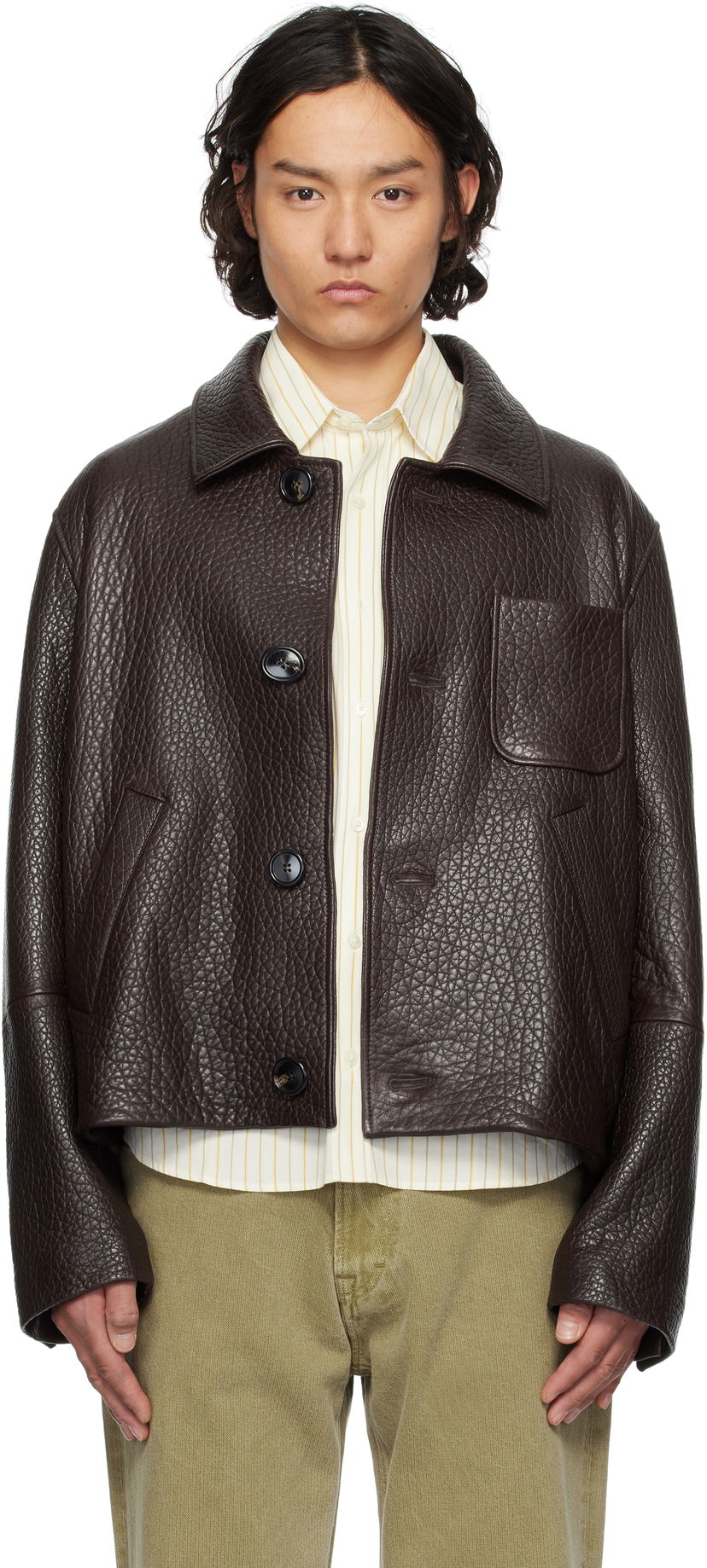 Jakna AMI AMI Paris Buttoned Leather Jacket Rjava | UJK270.LH0050