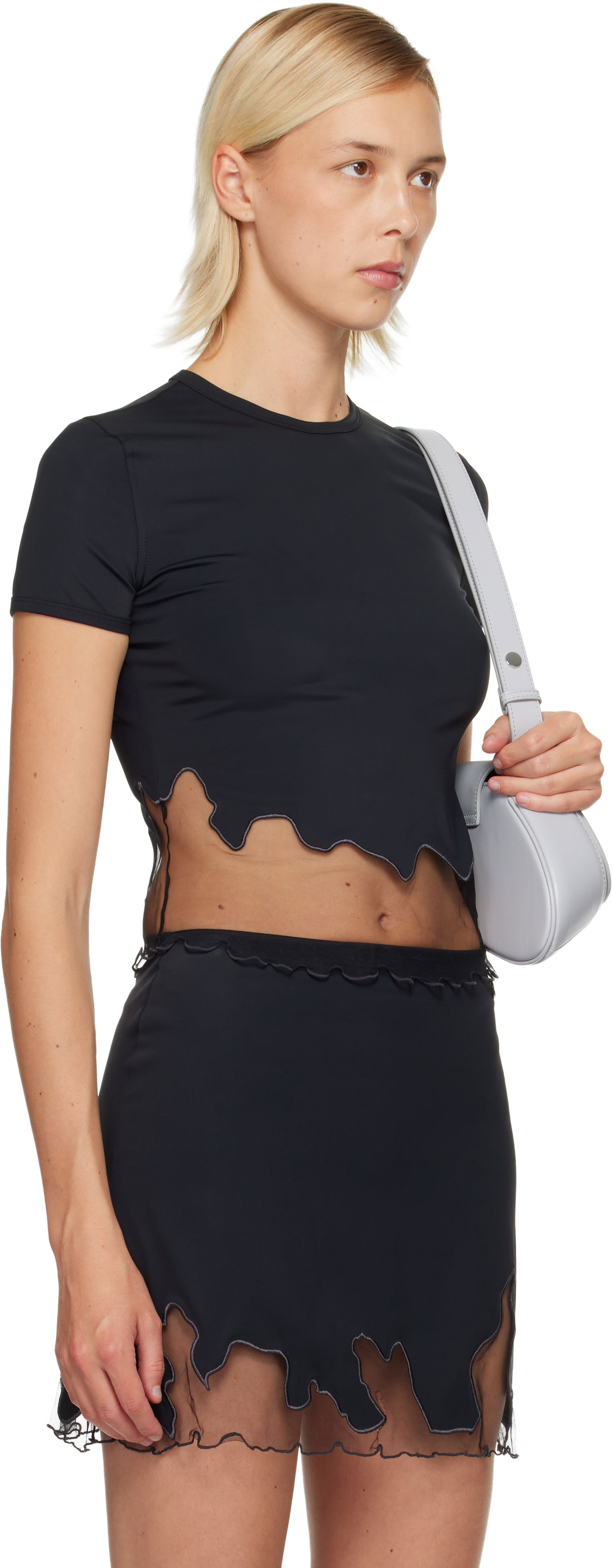 Majica Diesel T-Inlay-R1 Short-Sleeve Cropped Scalloped Mesh-Trim T-Shirt Črna | A19610 0NKCV, 1