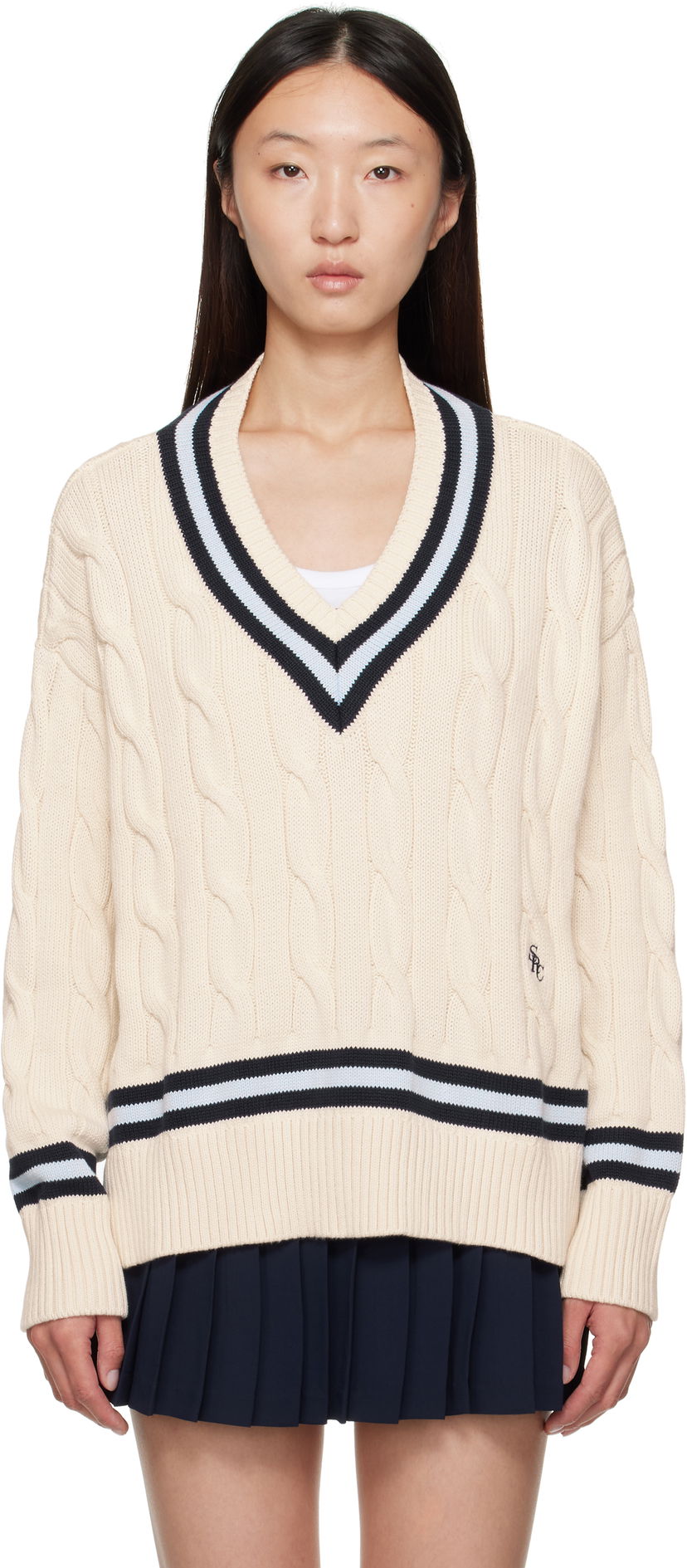 Pleteni pulover Sporty & Rich Sporty & Rich Cableknit V-Neck Sweater Bež | WS011602302WH38