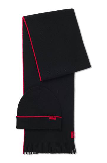 Beanie BOSS Knitted wool hat and scarf set with contrast trim Črna | 50517757