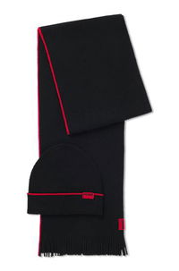 Knitted wool hat and scarf set with contrast trim
