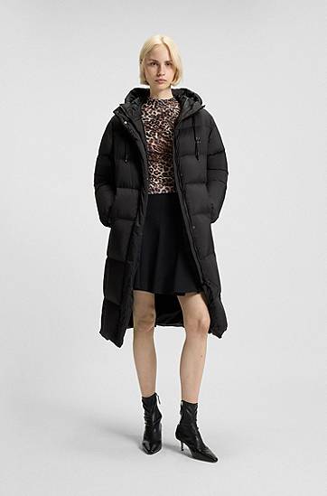 Puhovka BOSS Long-length hooded down jacket with stacked-logo print Črna | 50546355, 1