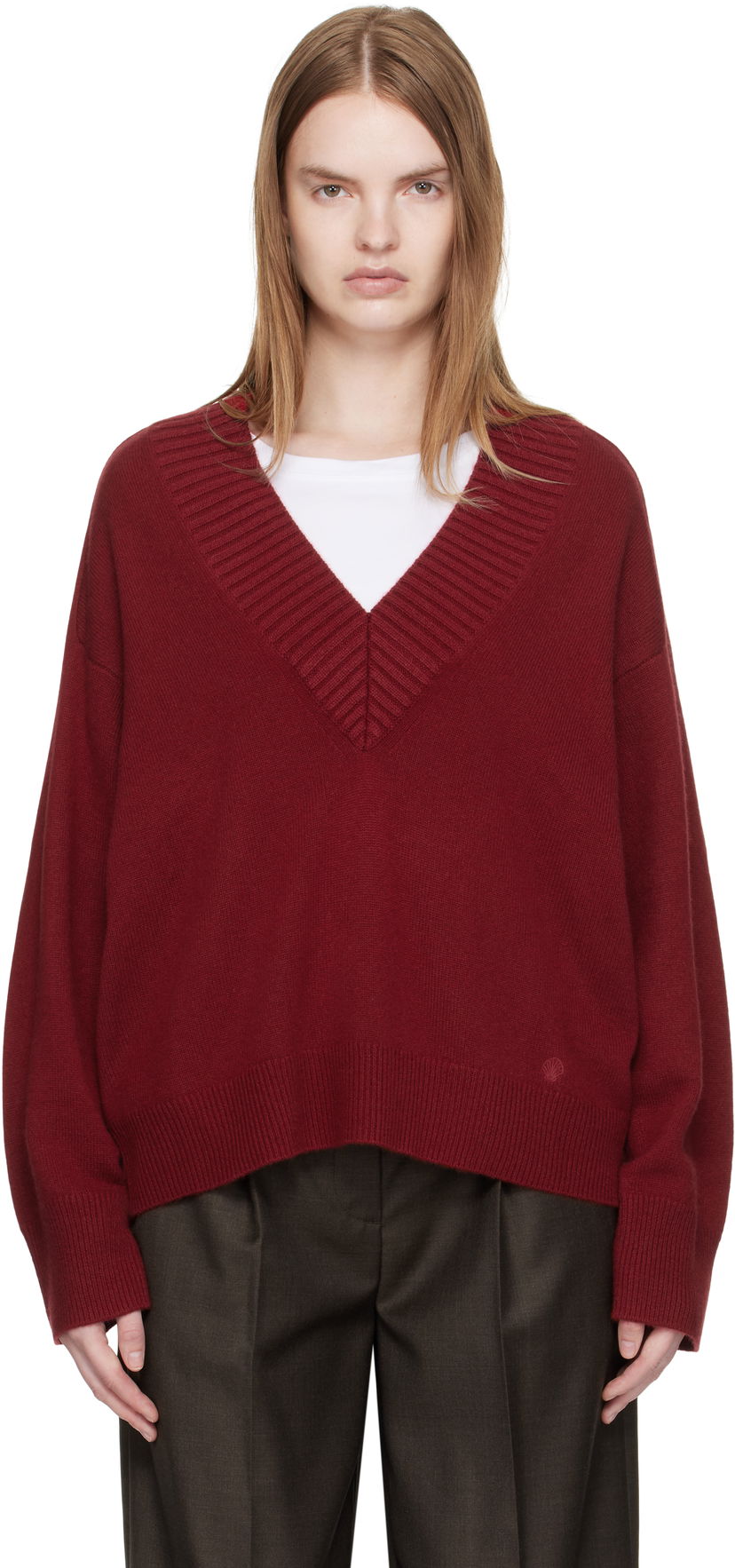 Pleteni pulover Loulou de Saison Loulou de Saison Sage LDS Cashmere V-Neck Sweater Bordo | SAGE LDS