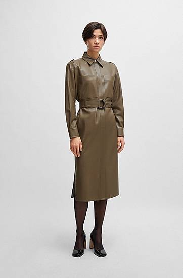 Obleke BOSS Perforated Faux Leather Belted Shirt Dress Zelena | 50505962, 1
