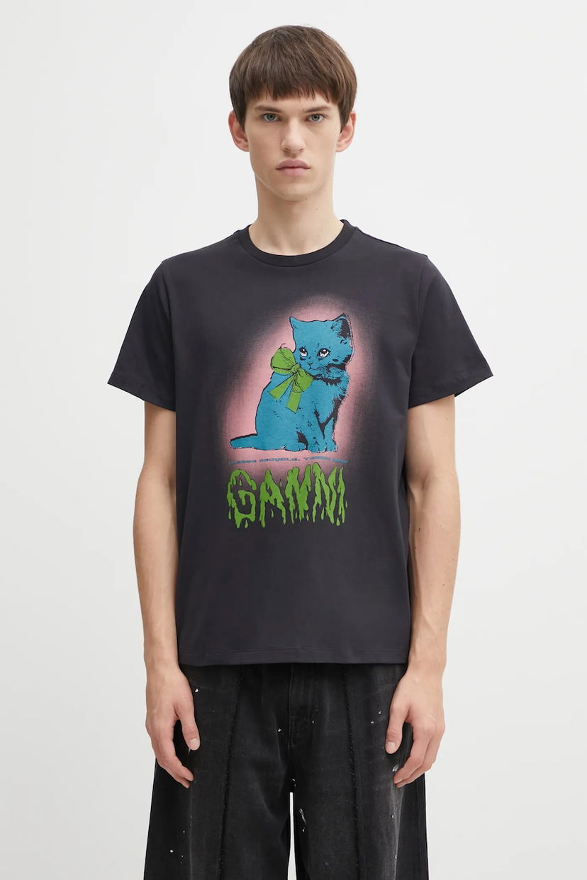 Majica GANNI Basic Cotton Jersey Neon Kitty T-shirt Črna | T4340